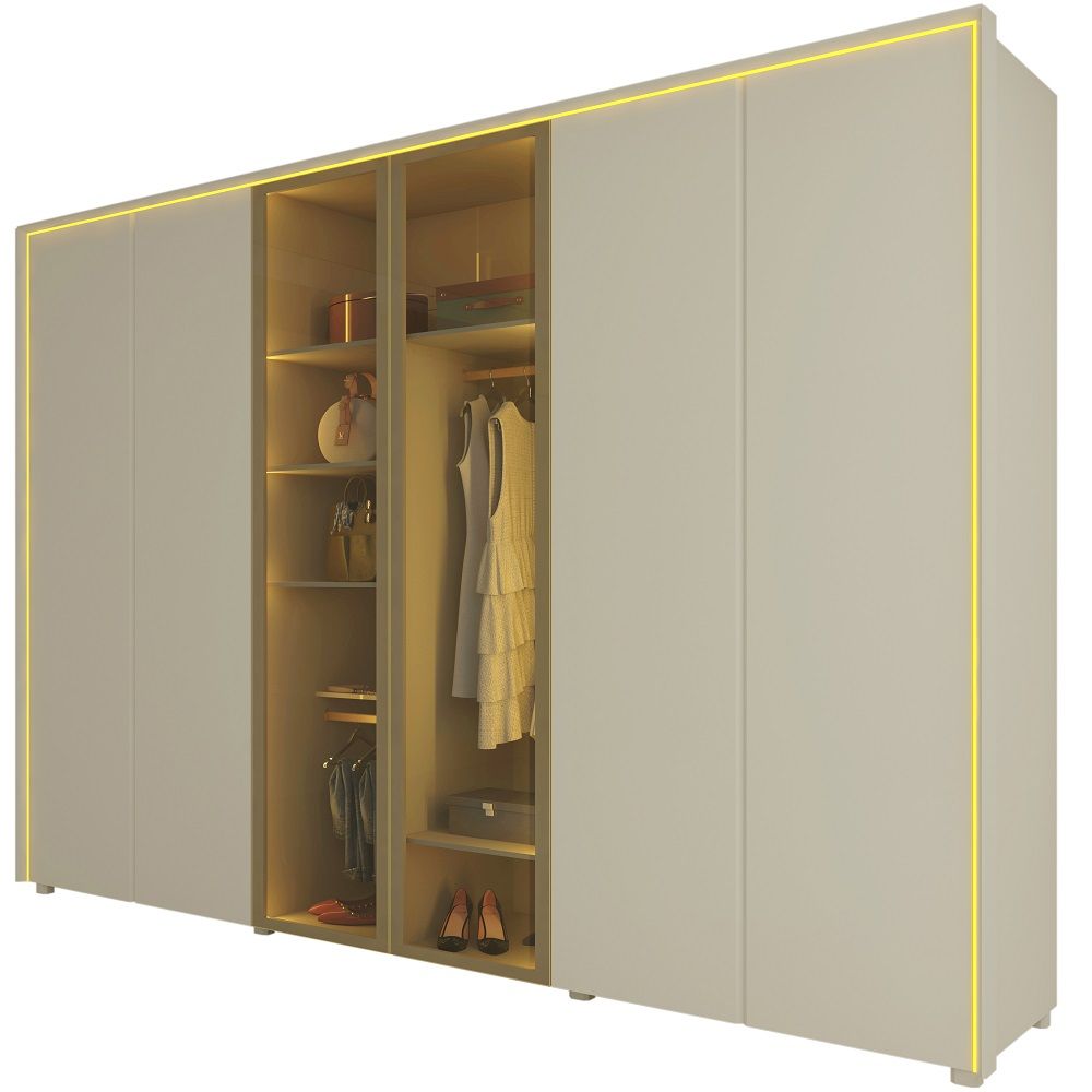 Guarda Roupa Roupeiro Gelius Splendor 6 portas com 2 portas reflecta 8 gavetas LED pés OFF White Dourado