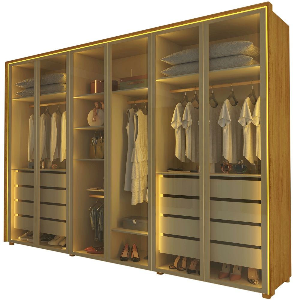 Guarda Roupa Roupeiro Gelius Splendor 6 portas reflecta 8 gavetas LED pés Naturale OFF White Dourado