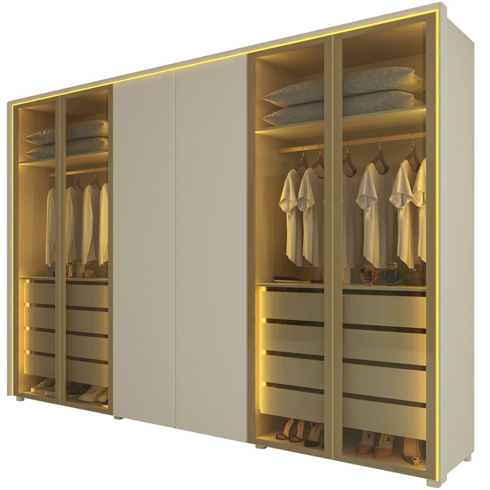 Guarda Roupa Roupeiro Gelius Splendor 6 portas com 4 portas reflecta 8 gavetas LED pés Naturale OFF White Dourado