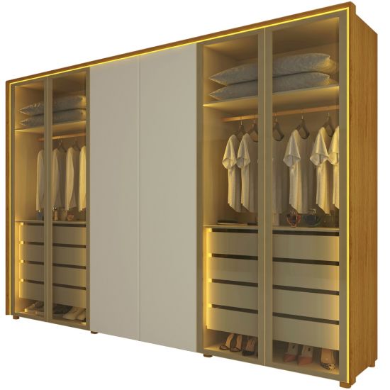 Guarda Roupa Roupeiro Gelius Splendor 6 portas com 4 portas reflecta 8 gavetas LED pés Naturale OFF White Dourado