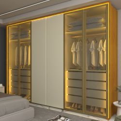 Guarda Roupa Roupeiro Gelius Splendor 6 portas com 4 portas reflecta 8 gavetas LED pés Naturale OFF White Dourado