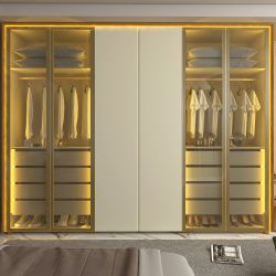 Guarda Roupa Roupeiro Gelius Splendor 6 portas com 4 portas reflecta 8 gavetas LED pés Naturale OFF White Dourado