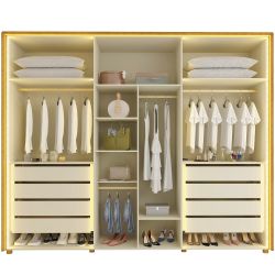 Guarda Roupa Roupeiro Gelius Splendor 6 portas com 4 portas reflecta 8 gavetas LED pés Naturale OFF White Dourado
