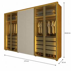 Guarda Roupa Roupeiro Gelius Splendor 6 portas com 4 portas reflecta 8 gavetas LED pés Naturale OFF White Dourado