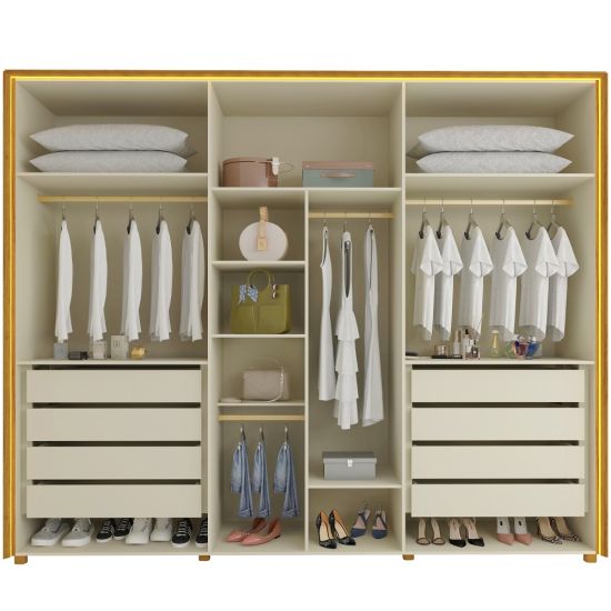 Guarda Roupa Roupeiro Gelius Splendor 6 portas 8 gavetas 100% MDF LED pés Naturale OFF White
