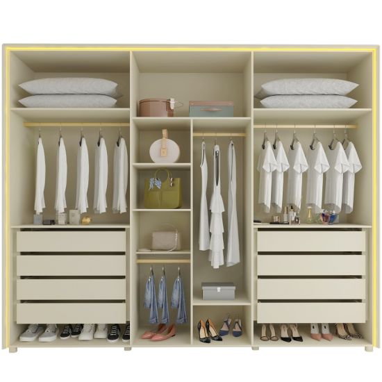 Guarda Roupa Roupeiro Gelius Splendor 6 portas 8 gavetas 100% MDF LED pés OFF White Dourado