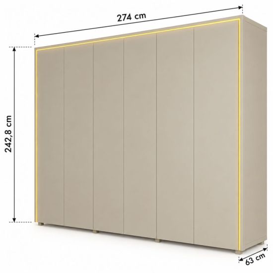 Guarda Roupa Roupeiro Gelius Splendor 6 portas 8 gavetas 100% MDF LED pés OFF White Dourado