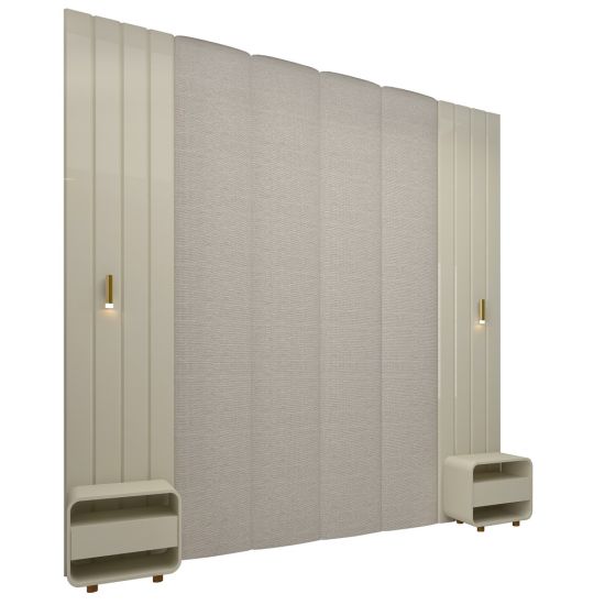 Conjunto de cabeceira Gelius Magnifica Majestade estofada 100% MDF ripada com 2 mesas de cabeceira LED OFF White