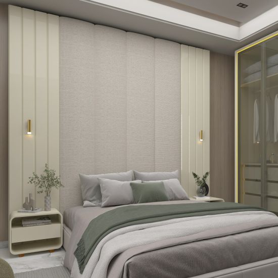 Conjunto de cabeceira Gelius Magnifica Majestade estofada 100% MDF ripada com 2 mesas de cabeceira LED OFF White
