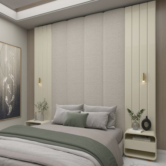 Conjunto de cabeceira Gelius Magnifica Majestade estofada 100% MDF ripada com 2 mesas de cabeceira LED OFF White