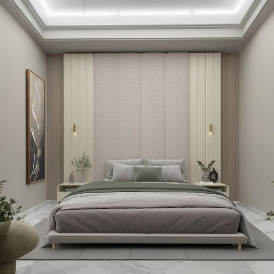 Conjunto de cabeceira Gelius Magnifica Majestade estofada 100% MDF ripada com 2 mesas de cabeceira LED OFF White