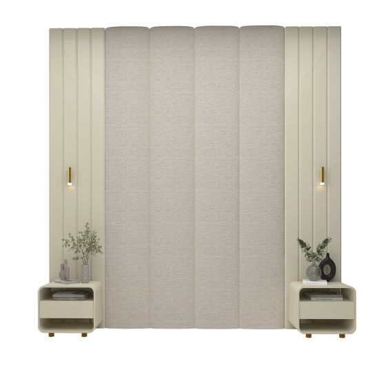 Conjunto de cabeceira Gelius Magnifica Majestade estofada 100% MDF ripada com 2 mesas de cabeceira LED OFF White