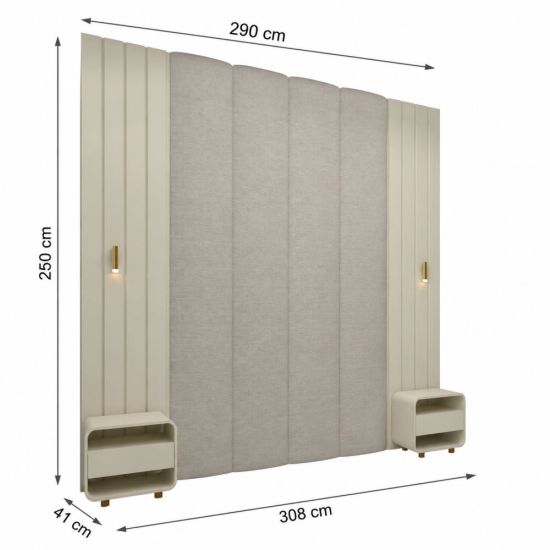 Conjunto de cabeceira Gelius Magnifica Majestade estofada 100% MDF ripada com 2 mesas de cabeceira LED OFF White