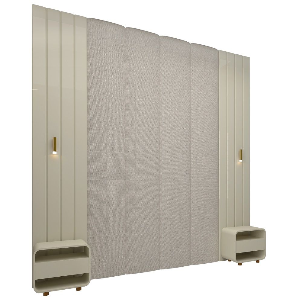 Conjunto de cabeceira Gelius Magnifica Majestade estofada 100% MDF ripada com 2 mesas de cabeceira LED OFF White