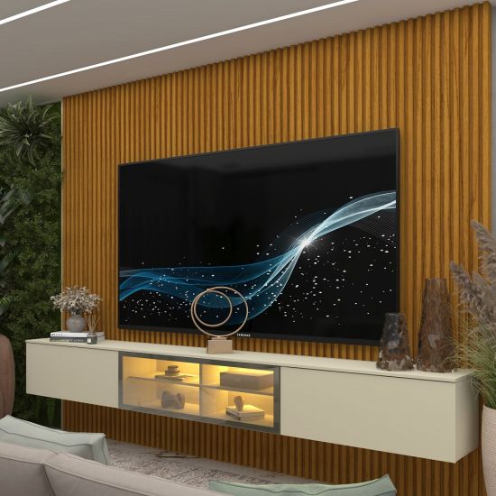 Painel Gelius Ripado Supremo Luminare Home 100% MDF com LED largura 220 cm Naturale OFF White