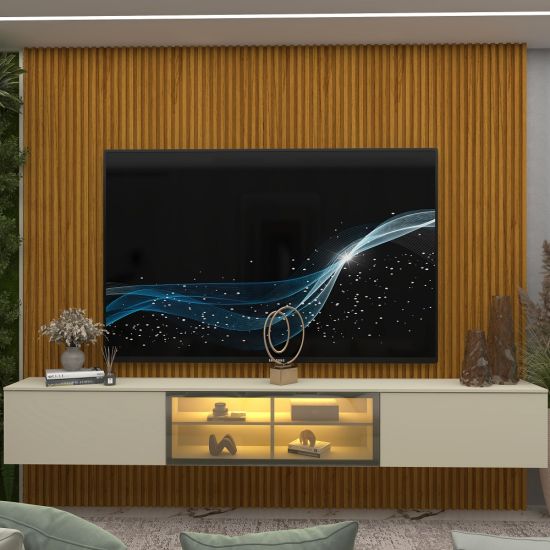 Painel Gelius Ripado Supremo Luminare Home 100% MDF com LED largura 220 cm Naturale OFF White