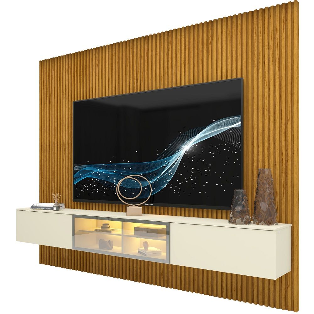 Painel Gelius Ripado Supremo Luminare Home 100% MDF com LED largura 220 cm Naturale OFF White
