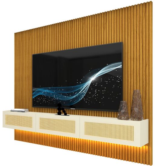 Painel Gelius Ripado Supremo Native Home portas em tela de Rattan com LED largura 220 cm Naturale OFF White