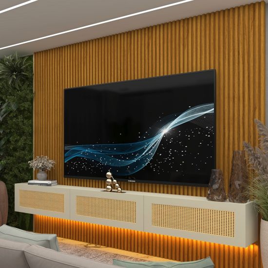 Painel Gelius Ripado Supremo Native Home portas em tela de Rattan com LED largura 220 cm Naturale OFF White