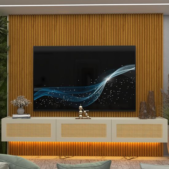 Painel Gelius Ripado Supremo Native Home portas em tela de Rattan com LED largura 220 cm Naturale OFF White