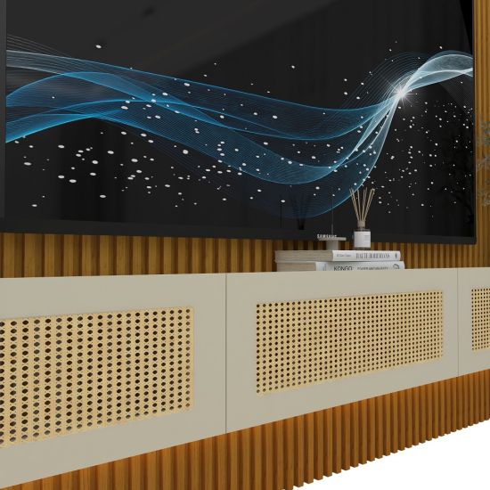 Painel Gelius Ripado Supremo Native Home portas em tela de Rattan com LED largura 220 cm Naturale OFF White