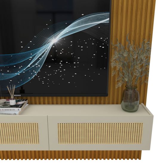 Painel Gelius Ripado Supremo Native Home portas em tela de Rattan com LED largura 220 cm Naturale OFF White