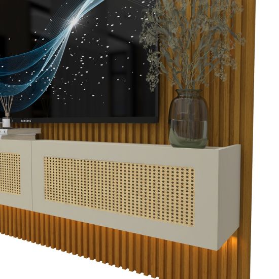 Painel Gelius Ripado Supremo Native Home portas em tela de Rattan com LED largura 220 cm Naturale OFF White