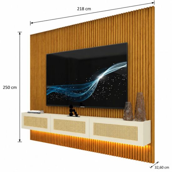 Painel Gelius Ripado Supremo Native Home portas em tela de Rattan com LED largura 220 cm Naturale OFF White