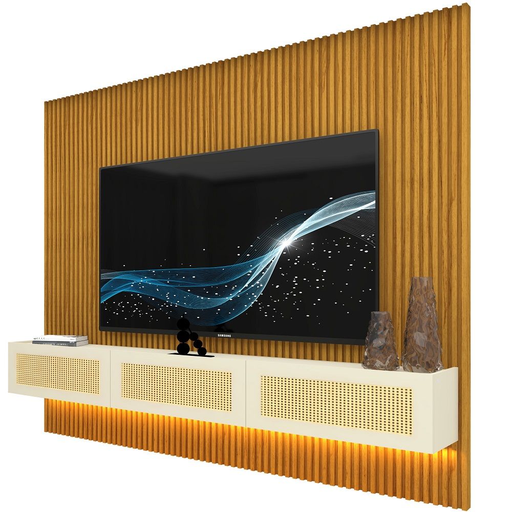 Painel Gelius Ripado Supremo Native Home portas em tela de Rattan com LED largura 220 cm Naturale OFF White