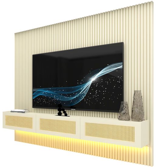 Painel Gelius Ripado Supremo Native Home portas em tela de Rattan com LED largura 220 cm OFF White