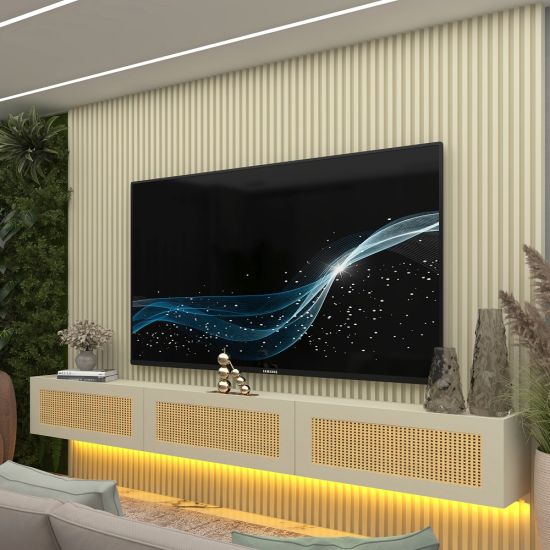 Painel Gelius Ripado Supremo Native Home portas em tela de Rattan com LED largura 220 cm OFF White