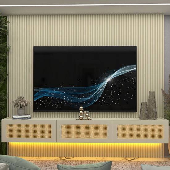 Painel Gelius Ripado Supremo Native Home portas em tela de Rattan com LED largura 220 cm OFF White