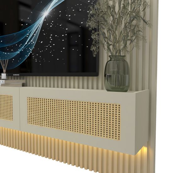 Painel Gelius Ripado Supremo Native Home portas em tela de Rattan com LED largura 220 cm OFF White