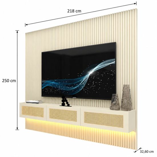 Painel Gelius Ripado Supremo Native Home portas em tela de Rattan com LED largura 220 cm OFF White