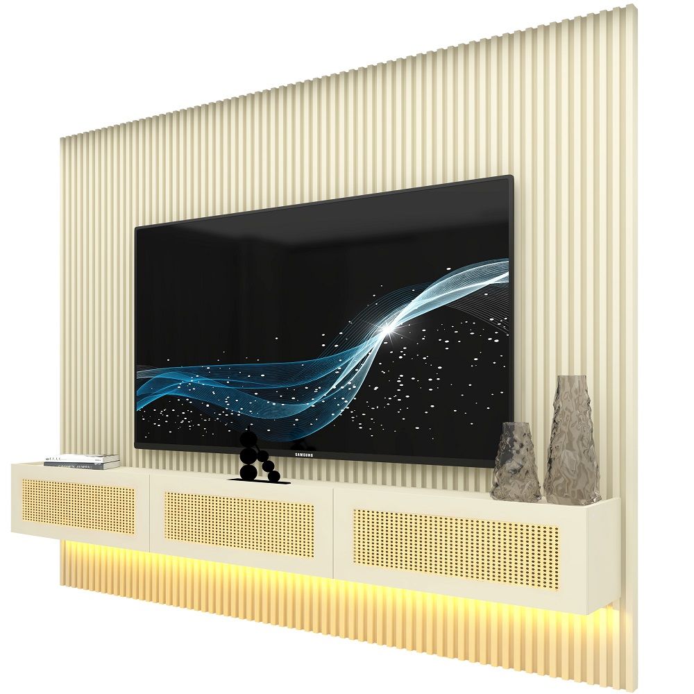Painel Gelius Ripado Supremo Native Home portas em tela de Rattan com LED largura 220 cm OFF White