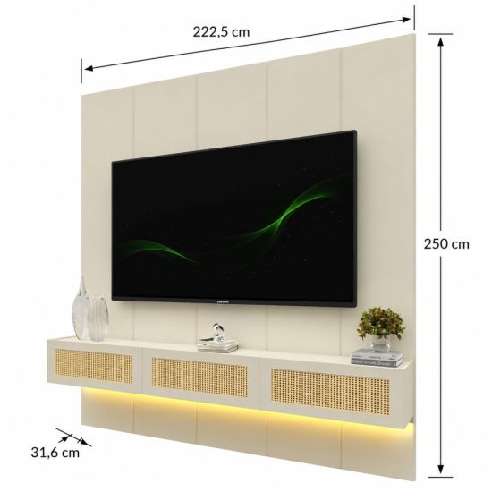 Painel Gelius Realce Native Home porta com tela em Rattan largura de 220 cm LED 100% MDF OFF White