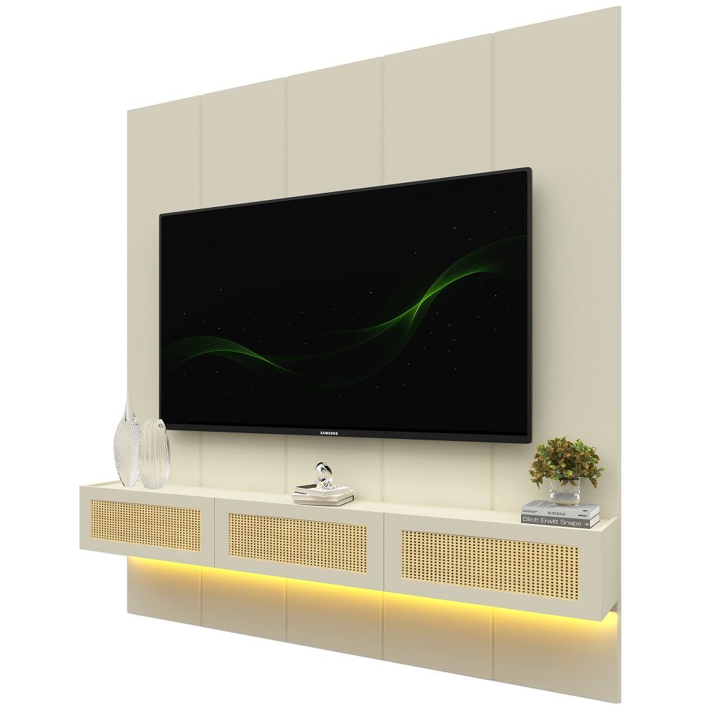 Painel Gelius Realce Native Home porta com tela em Rattan largura de 220 cm LED 100% MDF OFF White