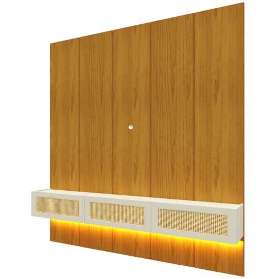 Painel Gelius Realce Native Home porta com tela em Rattan largura de 220 cm LED 100% MDF Natutale OFF White