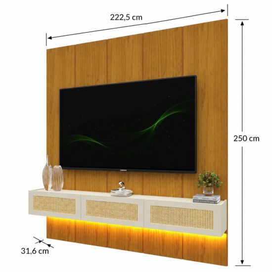 Painel Gelius Realce Native Home porta com tela em Rattan largura de 220 cm LED 100% MDF Natutale OFF White