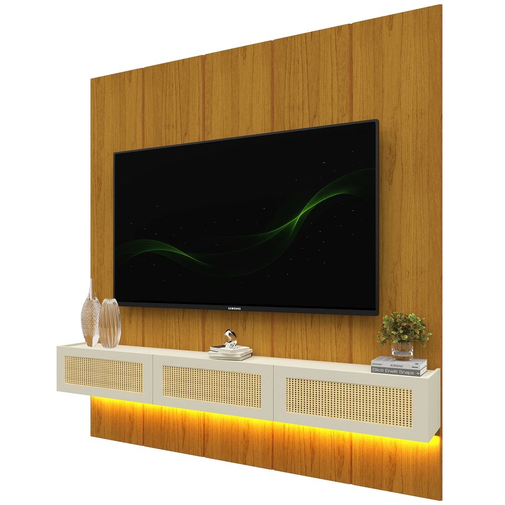 Painel Gelius Realce Native Home porta com tela em Rattan largura de 220 cm LED 100% MDF Natutale OFF White