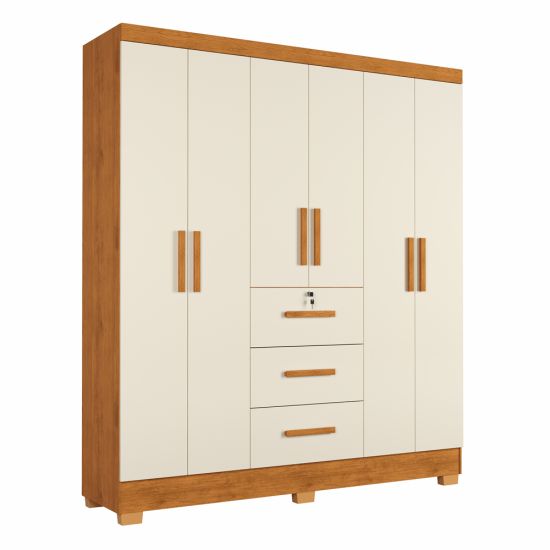 Guarda Roupa Roupeiro de Casal J&A Móveis Tokio 6 portas 3 gavetas com chave e pés Nature OFF White