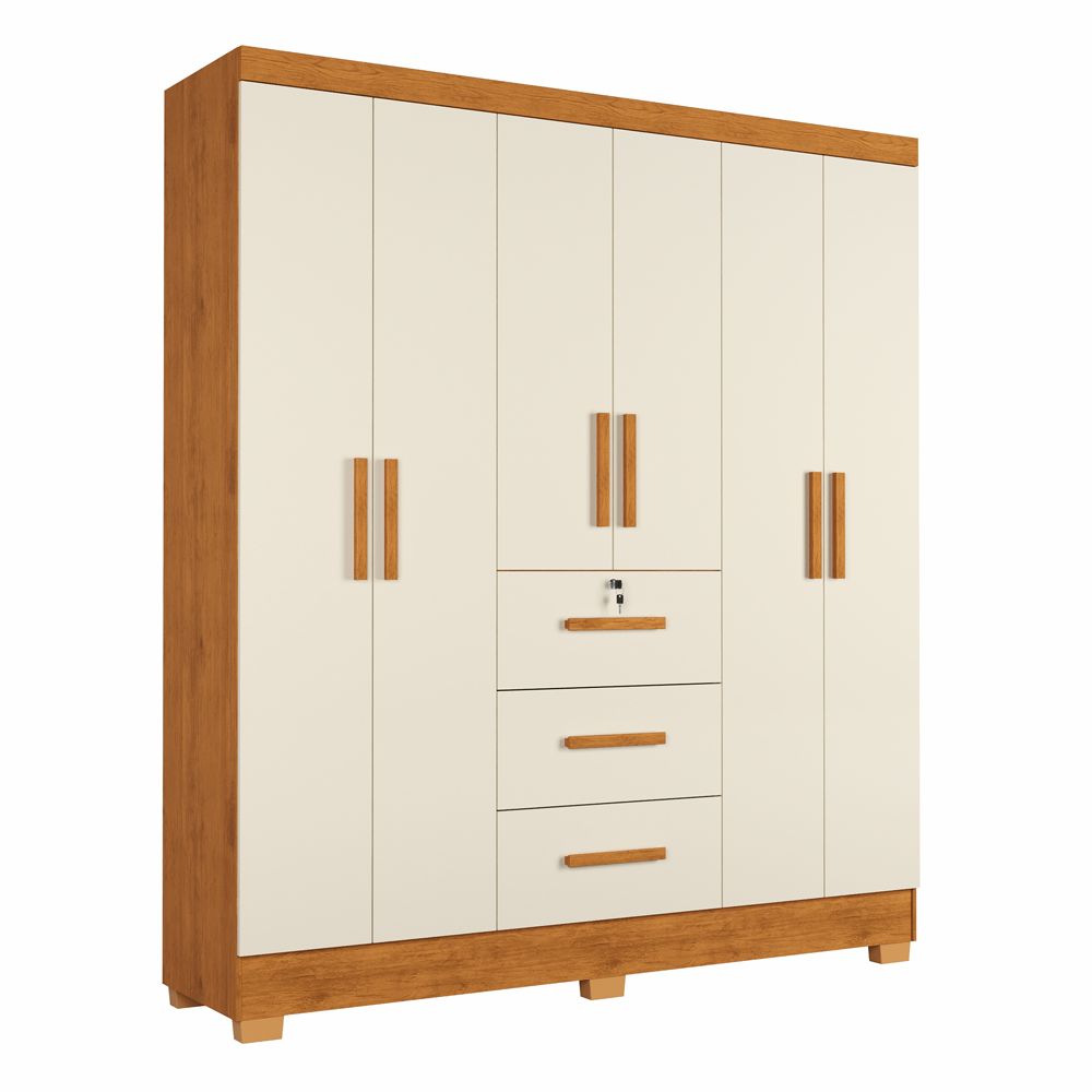 Guarda Roupa Roupeiro de Casal J&A Móveis Tokio 6 portas 3 gavetas com chave e pés Nature OFF White