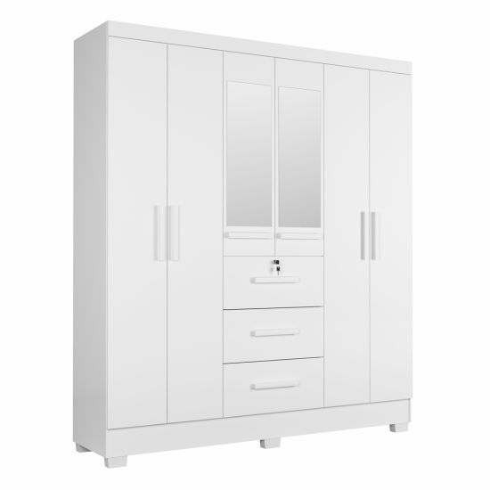 Guarda Roupa Roupeiro de Casal J&A Móveis Tokio 6 portas 3 gavetas com chave espelho e pés Branco