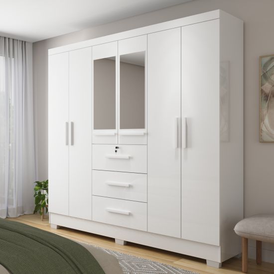 Guarda Roupa Roupeiro de Casal J&A Móveis Tokio 6 portas 3 gavetas com chave espelho e pés Branco
