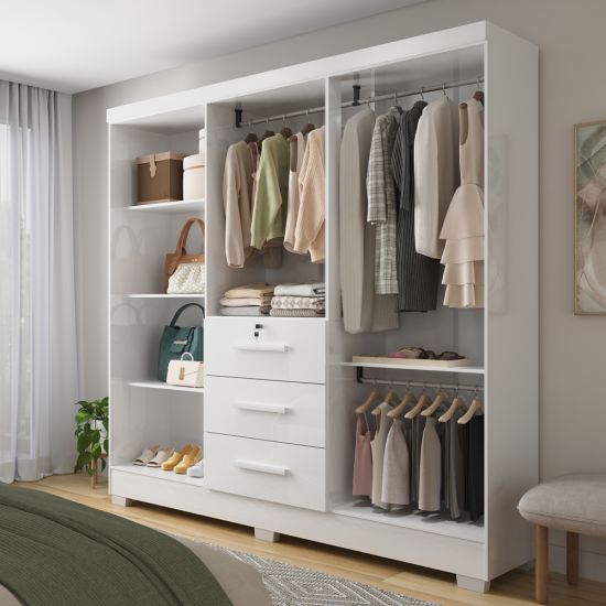 Guarda Roupa Roupeiro de Casal J&A Móveis Tokio 6 portas 3 gavetas com chave espelho e pés Branco