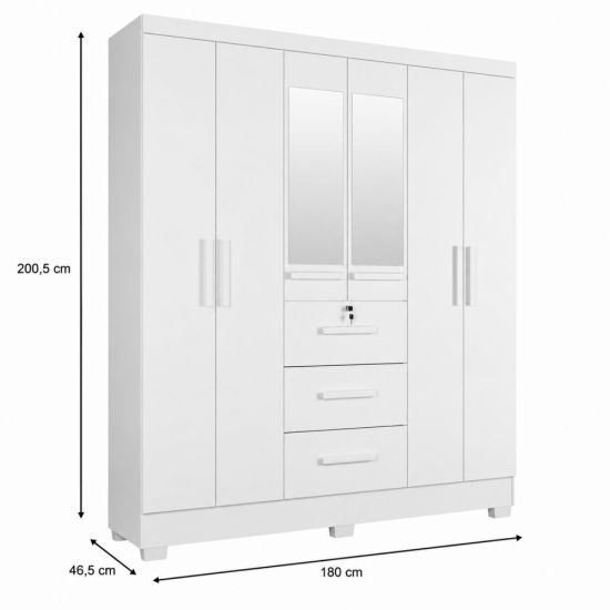 Guarda Roupa Roupeiro de Casal J&A Móveis Tokio 6 portas 3 gavetas com chave espelho e pés Branco