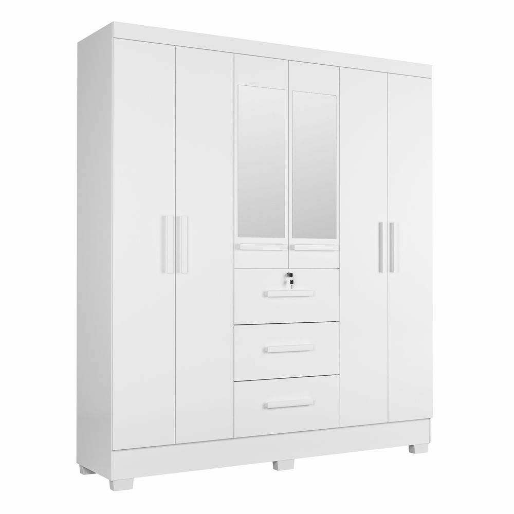 Guarda Roupa Roupeiro de Casal J&A Móveis Tokio 6 portas 3 gavetas com chave espelho e pés Branco