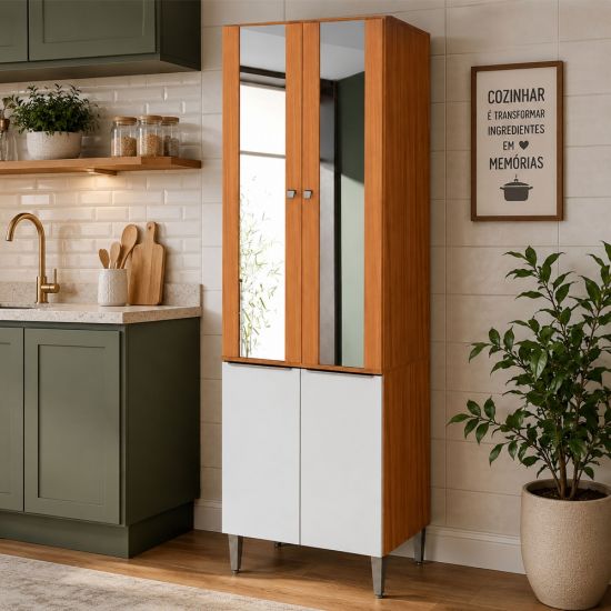 Paneleiro Torre Quente Cristaleira duplo Aramóveis Luana 100% MDF 4 portas, vidro cinamomo Branco