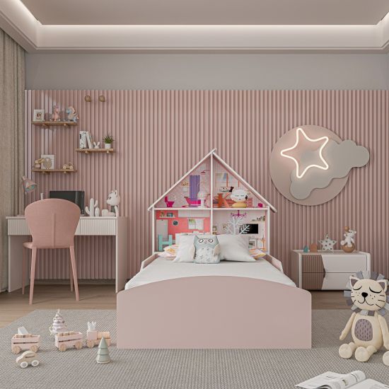 Cama Solteiro Infantil Gelius Casinha 100% MDF Rosa Sonho