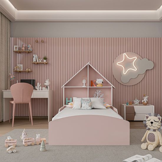 Cama Solteiro Infantil Gelius Casinha 100% MDF Rosa Sonho